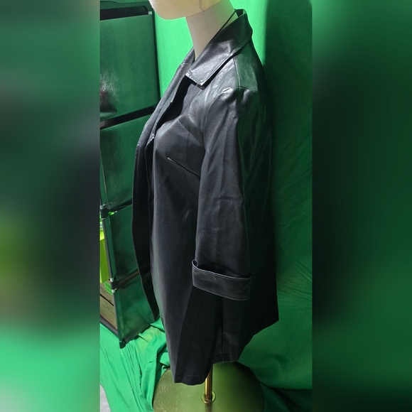 Women's SM Open Long Trench Pea Coat BLK Faux Leather JKT Lightweight Lined NEW - Picture 7 of 16